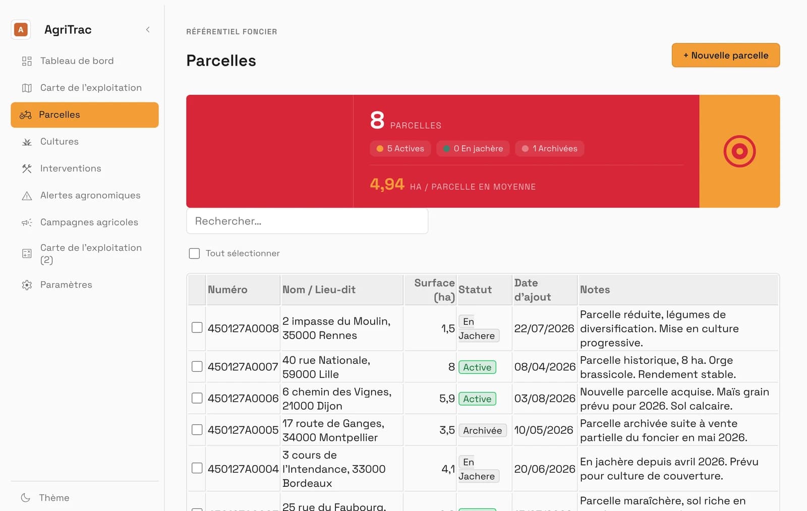 Écran « Parcelles » de l'application AgriTrac, réellement générée par Blueprint.